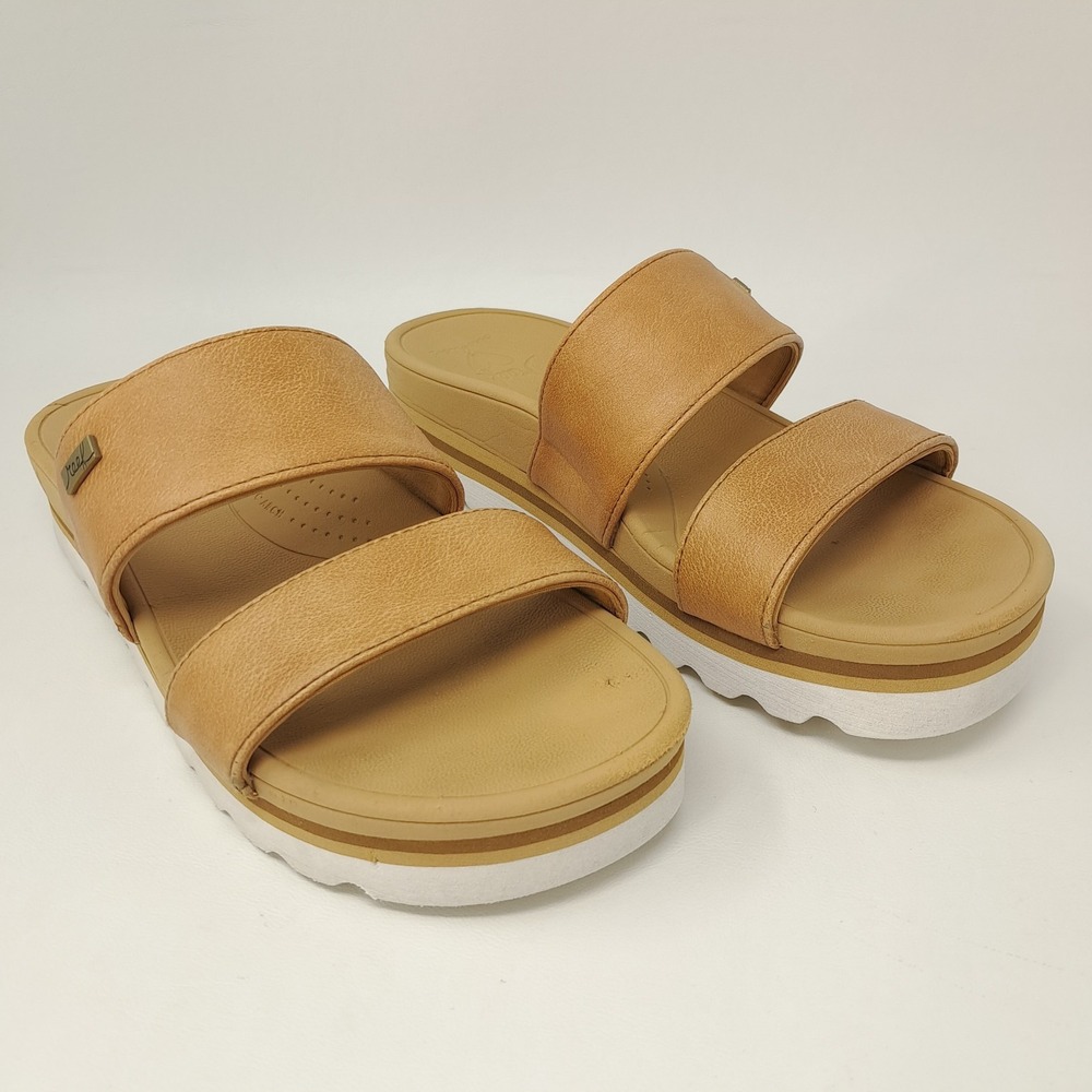 Reef Banded Horizon Hi Platform Slide Sandals 8 Natural Tan Leather 2-Band